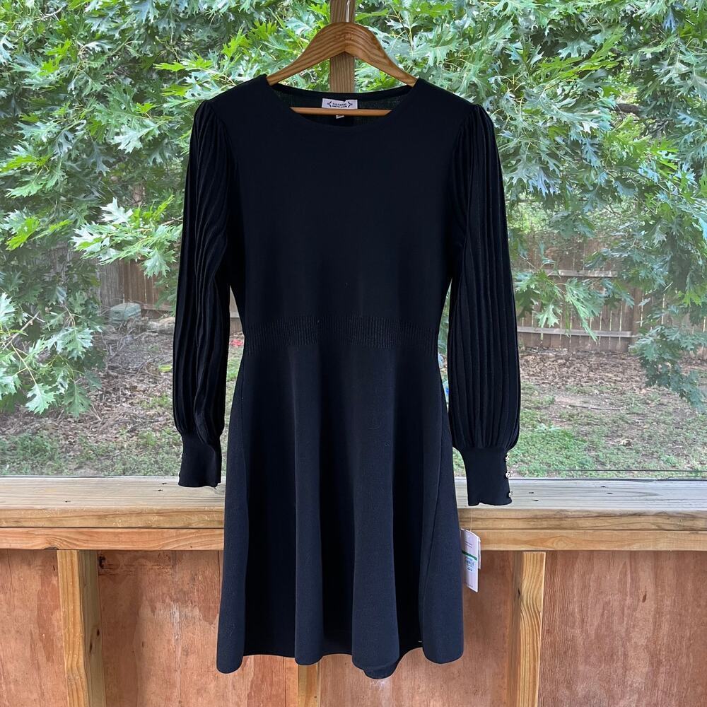 Nanette Lepore Black Pleated Sleeve Sweater Dress Size L. NEW